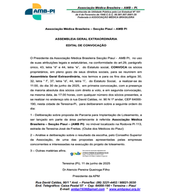 Diretoria da AMB-PI convoca sócios para Assembleia Geral
